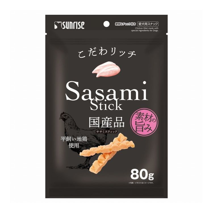 【商品説明】・平飼い地鶏を使用した、おいしさにこだわったスティックタイプのササミジャーキーです。・グルメなワンちゃんの為に厳選した素材を使用し、一つ一つ丁寧に仕上げました。〇原材料(成分)穀類、肉類(平飼い地鶏、鶏ササミ等)、でん粉類、糖類、増粘安定剤(グリセリン、プロピレングリコール、ソルビトール)、ポリリン酸ナトリウム、トレハロース、ミネラル類(塩化ナトリウム)、酸化防止剤(エリソルビン酸ナトリウム)、アミノ酸類、保存料(ソルビン酸カリウム)、着色料(黄4、赤106)〇賞味/使用期限(未開封)365日※仕入れ元の規定により3ヶ月以上期限の残った商品のみ出荷致します。〇保管方法・高温、多湿、日光をさけて保存し、開封後は要冷蔵にて早めにお与えください。〇給与方法・パッケージ記載の表を参考にして1日2〜3回に分け、おやつとして与えてください。〇原産国日本〇メーカー名株式会社マルカンサンライズ事業部【取り寄せ品のご注意事項（ご注文前にご確認ください）】・本商品は原則注文後のキャンセルはお受けできません。・本商品と他商品で同梱注文をいただき、仮に他商品が完売等でご用意できない場合でも本商品は発送させていただきます。・本商品を複数（2点以上）注文いただき、完売等で注文数のご用意できない場合でもご用意できた数量は発送させていただきます。【送料について】北海道、沖縄、離島は送料を頂きます。