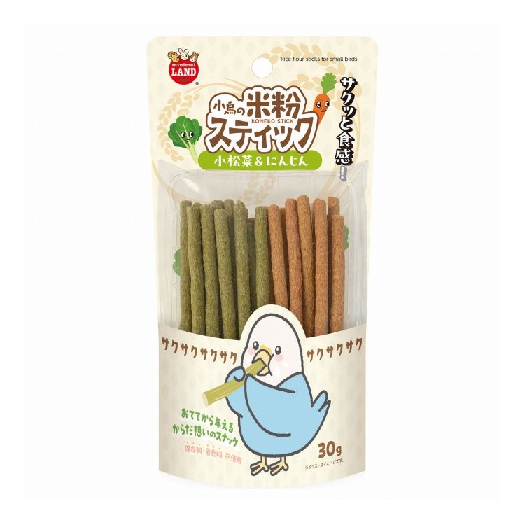 【商品説明】・小鳥が好きな小松菜・にんじんを配合したサクサク食感の米粉スティックです。・小麦粉や糖類を一切使用していません。・枯草菌(プロバイオティクス)配合、健康を維持することで免疫力と腸内フローラをサポート。・かじることで、ストレス発散に役立ちます。・おててから与えることで、ペットとのコミュニケーションを増やします。・本体パッケージをケージに引っ掛けてスティックホルダーとして使用できます。(※スティックホルダーは紙製の為、短時間で傷んでしまう可能性があります。ご了承ください。)〇原材料(成分)米粉、エンドウ豆、粟、サツマイモでんぷん、野菜類(小松菜、かぼちゃ、にんじん、ビーツ)、食物繊維、植物油脂、抹茶、ゴジベリー、枯草菌(プロバイオティクス)、アミノ酸類(L-グルタミン)、酵素〇賞味/使用期限(未開封)24ヶ月※仕入れ元の規定により3ヶ月以上期限の残った商品のみ出荷致します。〇保管方法・直射日光、高温多湿な場所を避けて常温で保存してください。・開封後は早めに与えてください。〇給与方法・ペットが残さない程度におやつとしてそのまま与えてください。・与える量はペットの年齢、体重、運動量、体調にあわせて様子をみながら調整してください。・与えすぎにご注意ください。〇原産国中国〇メーカー名株式会社マルカン【取り寄せ品のご注意事項（ご注文前にご確認ください）】・本商品は原則注文後のキャンセルはお受けできません。・本商品と他商品で同梱注文をいただき、仮に他商品が完売等でご用意できない場合でも本商品は発送させていただきます。・本商品を複数（2点以上）注文いただき、完売等で注文数のご用意できない場合でもご用意できた数量は発送させていただきます。【送料について】北海道、沖縄、離島は送料を頂きます。