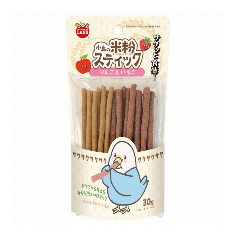 【商品説明】・小鳥が好きなりんご・いちごを配合したサクサク食感の米粉スティックです。・小麦粉や糖類を一切使用していません。・枯草菌(プロバイオティクス)配合、健康を維持することで免疫力と腸内フローラをサポート。・かじることで、ストレス発散に役立ちます。・おててから与えることで、ペットとのコミュニケーションを増やします。・本体パッケージをケージに引っ掛けてスティックホルダーとして使用できます。(※スティックホルダーは紙製の為、短時間で傷んでしまう可能性があります。ご了承ください。)〇原材料(成分)米粉、エンドウ豆、粟、サツマイモでんぷん、、かぼちゃ、果実類(いちご、りんご、コジベリー)、食物繊維、植物油脂、枯草菌(プロバイオティクス)、アミノ酸類(L-グルタミン)、酵素〇賞味/使用期限(未開封)24ヶ月※仕入れ元の規定により3ヶ月以上期限の残った商品のみ出荷致します。〇保管方法・直射日光、高温多湿な場所を避けて常温で保存してください。・開封後は早めに与えてください。〇給与方法・ペットが残さない程度におやつとしてそのまま与えてください。・与える量はペットの年齢、体重、運動量、体調にあわせて様子をみながら調整してください。・与えすぎにご注意ください。〇原産国中国〇メーカー名株式会社マルカン【取り寄せ品のご注意事項（ご注文前にご確認ください）】・本商品は原則注文後のキャンセルはお受けできません。・本商品と他商品で同梱注文をいただき、仮に他商品が完売等でご用意できない場合でも本商品は発送させていただきます。・本商品を複数（2点以上）注文いただき、完売等で注文数のご用意できない場合でもご用意できた数量は発送させていただきます。【送料について】北海道、沖縄、離島は送料を頂きます。