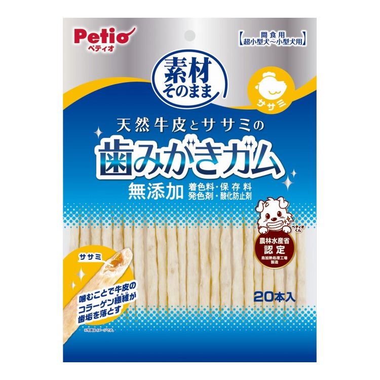 【商品説明】・コラーゲン繊維豊富な天然牛皮を使用。・噛むことでコラーゲン繊維が汚れをからめて落とす！旨みたっぷりのササミ入りだからおいしくデンタルケア。・着色料・保存料・発色剤・酸化防止剤不使用。〇原材料(成分)牛皮、鶏ササミ、たん白加水分解物、加工でんぷん〇賞味/使用期限(未開封)547日※仕入れ元の規定により3ヶ月以上期限の残った商品のみ出荷致します。〇保管方法※直射日光・高温多湿の場所をさけて保存してください。※開封後は必ずチャックを閉じて冷蔵庫で保存し、賞味期限に関わらずなるべく早くお与えください。〇給与方法※愛犬の健康状態、年齢、運動量を考慮したうえで商品記載の給与量を目安に1日1〜2回に分けてお与えください〇原産国中国〇メーカー名株式会社ペティオ【取り寄せ品のご注意事項（ご注文前にご確認ください）】・本商品は原則注文後のキャンセルはお受けできません。・本商品と他商品で同梱注文をいただき、仮に他商品が完売等でご用意できない場合でも本商品は発送させていただきます。・本商品を複数（2点以上）注文いただき、完売等で注文数のご用意できない場合でもご用意できた数量は発送させていただきます。【送料について】北海道、沖縄、離島は送料を頂きます。