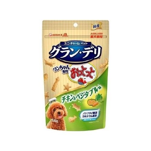 【商品説明】カリッとした咀嚼音がたまらない。いろんな形が楽しい、カリッと、心地よい食感のおやつです。●原材料(アレルギー表記含む)乾燥じゃがいも、小麦粉、植物性油脂、ホエイパウダー、砂糖、コーンスターチ、チキンエキスパウダー、ビール酵母、たんぱく加水分解物、酵母エキスパウダー、野菜類(ニンジンパウダー、かぼちゃパウダー、ホウレンソウパウダー）、増粘安定剤（加工でんぷん）、ミネラル類（カルシウム、塩素、ナトリウム)、乳化剤、膨張剤、調味料(アミノ酸等)、香料、着色料（カロテン色素）●賞味期限（出荷元の規定により半年を切った商品は出荷致しません。）540日●保存方法直射日光の当たらない所で保存してください。開封時はお早目にご利用ください。●内容量50g●メーカー名ユニ・チャーム●生産国・加工国日本【送料について】北海道、沖縄、離島は送料を頂きます。