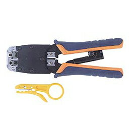 かしめ工具。(ラチェット付)[特徴]●単線・より線用ラチェット付きかしめ工具です。●かしめ部はアルミニウム亜鉛メッキを採用しています。[仕様]■対応:RJ-45(8P)、RJ-12・11(6P)■付属品:簡易皮むき工具