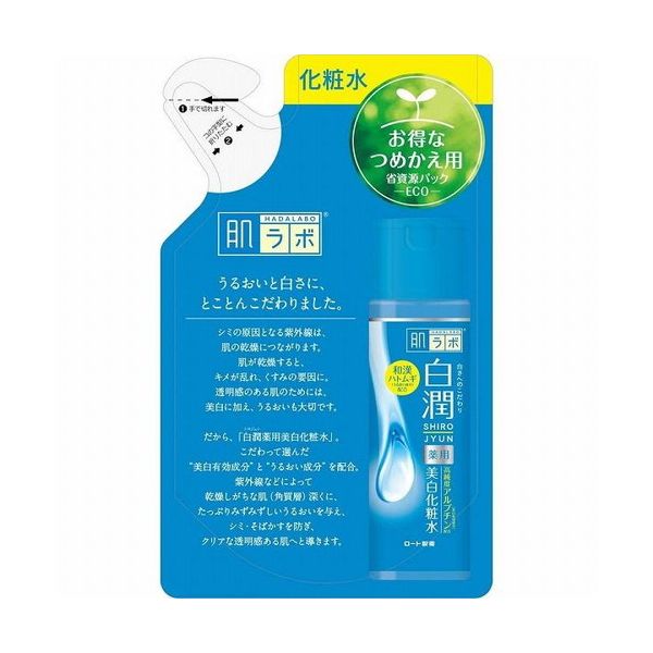 【商品詳細】●肌の白さとうるおいにとことんこだわって選んだ天然型高純度アルブチン(美白*有効成分)とナノ化ヒアルロン酸(うるおい成分)を配合した薬用美白*化粧水です。●整肌うるおい成分としてビタミンC誘導体、ビタミンE、和漢植物由来ハトムギエキス配合。●たっぷりうるおって、輝くような明るい肌へ。●弱酸性。無香料・無着色・鉱物油フリー・アルコールフリー。●つめかえ用●医薬部外品。*メラニンの生成をおさえ、シミ・そばかすを防ぎます。【販売名】ハダラボ薬用ホワイトニング化粧水Lb【成分】【有効成分】アルブチン【その他の成分】ヒアルロン酸Na-2、加水分解ヒアルロン酸(ナノ化ヒアルロン酸)、ビタミンCリン酸Mg、ビタミンE、ヨクイニンエキス(ハトムギエキス)、BG、濃グリセリン、ソルビット液、POPメチルグルコシド、コハク酸2Na、コハク酸、VP・スチレン共重合体エマルション、ラウリン酸POE(20)ソルビタン、パラベン【区分】医薬部外品【製造元】ロート製薬【生産国】日本※パッケージ・仕様等は予告なく変更になる場合があり、掲載画像と異なる事がございます。※予告なくパッケージリニューアルをされる場合がございますがご了承ください。※パッケージ変更に伴うご返品はお受け致しかねます。※メーカーの都合により予告なくパッケージ、仕様等が変更となる場合がございます。※当店はJANコードにて管理を行っている為、それに伴う返品、交換等はお受けしておりませんので事前にご了承の上お買い求めください。【送料について】北海道、沖縄、離島は送料を頂きます。【商品詳細】●肌の白さとうるおいにとことんこだわって選んだ天然型高純度アルブチン(美白*有効成分)とナノ化ヒアルロン酸(うるおい成分)を配合した薬用美白*化粧水です。●整肌うるおい成分としてビタミンC誘導体、ビタミンE、和漢植物由来ハトムギエキス配合。●たっぷりうるおって、輝くような明るい肌へ。●弱酸性。無香料・無着色・鉱物油フリー・アルコールフリー。●つめかえ用●医薬部外品。*メラニンの生成をおさえ、シミ・そばかすを防ぎます。【販売名】ハダラボ薬用ホワイトニング化粧水Lb【成分】【有効成分】アルブチン【その他の成分】ヒアルロン酸Na-2、加水分解ヒアルロン酸(ナノ化ヒアルロン酸)、ビタミンCリン酸Mg、ビタミンE、ヨクイニンエキス(ハトムギエキス)、BG、濃グリセリン、ソルビット液、POPメチルグルコシド、コハク酸2Na、コハク酸、VP・スチレン共重合体エマルション、ラウリン酸POE(20)ソルビタン、パラベン【区分】医薬部外品【製造元】ロート製薬【生産国】日本※パッケージ・仕様等は予告なく変更になる場合があり、掲載画像と異なる事がございます。