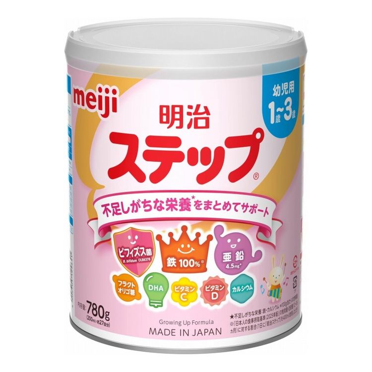 【商品詳細】1〜3歳のお子さまに特に大切で、不足しがちな鉄・カルシウム・ビタミンC・ビタミンDを400mlで1日に必要な量の100％摂取できる。原材料(アレルギー表記含む):（栄養成分表示　100g当たり）エネルギー 461kcal、たんぱく質 9.8g、脂質 18.0g、炭水化物 65.3g、食塩相当量 0.51g、ナイアシン 7.5mg、パントテン酸 5.0mg、ビオチン 25μg、ビタミンA 500μg、ビタミンB1 0.7mg、ビタミンB2 0.8mg、ビタミンB6 0.7mg、ビタミンB12 2.0μg、ビタミンC 63mg、ビタミンD 6.3μg、ビタミンE 5.5mg、葉酸 130μg、亜鉛 4.5mg、カルシウム 805mg、鉄 10.0mg、リン 405mg（その他の成分表示　100g当たり）DHA（ドコサヘキサエン酸） 100mg、リノール酸 3.9g、α-リノレン酸 0.9g、フラクトオリゴ糖 0.5g、灰分 4.1g、水分 2.8%商品区分：食品保存方法:常温メーカー名:明治生産国・加工国:日本賞味期限:製造日より24ヶ月内容量:780g【送料について】北海道、沖縄、離島は送料を頂きます。明治 ステップ780g780gx2缶パックらくらくキューブ 112gらくらくキューブ 560gらくらくキューブ 840gらくらくキューブ 1680g