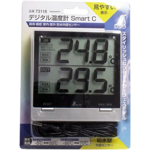 【発売元:シンワ測定】スタイリッシュな外見のフラットサーフェスモデル!広い視野角で明るさ、映り込みにくさ、フォントにこだわった液晶表示です。●見栄えにこだわりたい空間の温度管理に最適です。●外部センサーは、雨の日でも安心な防水仕様です。●室内と室外の温度を同時に表示します。●最高温度と最低温度を切り替えて表示することができます。●フック穴で壁掛け型として、内蔵スタンドで置き型としてお使いいただけます。●防水等級IPX7の外部センサーですので液体の温度を測ることができます。個装サイズ:129X173X20mm個装重量:約170g内容量:1個製造国:中国【用途】ご家庭・教室・オフィス・実験室・研究室での温度管理に【仕様】精度・・・0〜40度まで±1度、それ以外±2度測定範囲・・・内部センサー:-5〜50度、外部センサー:-50〜70度最小表示・・・0.1度測定間隔・・・10秒電源・・・単4アルカリ乾電池1本防水構造・・・温度センサー部:IPX7材質・・・本体:ABS樹脂/外部センサー:ステンレス、塩化ビニル樹脂本体サイズ・・・本体:103×102×18mm/センサーケーブル長:3m製品質量・・・150g(電池含)※メーカーの都合によりパッケージ、内容等が変更される場合がございます。当店はメーカーコード（JANコード）で管理をしている為それに伴う返品、返金等の対応は受け付けておりませんのでご了承の上お買い求めください。【送料について】北海道、沖縄、離島は送料を頂きます。【発売元:シンワ測定】スタイリッシュな外見のフラットサーフェスモデル!広い視野角で明るさ、映り込みにくさ、フォントにこだわった液晶表示です。●見栄えにこだわりたい空間の温度管理に最適です。●外部センサーは、雨の日でも安心な防水仕様です。●室内と室外の温度を同時に表示します。●最高温度と最低温度を切り替えて表示することができます。●フック穴で壁掛け型として、内蔵スタンドで置き型としてお使いいただけます。●防水等級IPX7の外部センサーですので液体の温度を測ることができます。個装サイズ:129X173X20mm個装重量:約170g内容量:1個製造国:中国【用途】ご家庭・教室・オフィス・実験室・研究室での温度管理に【仕様】精度・・・0〜40度まで±1度、それ以外±2度測定範囲・・・内部センサー:-5〜50度、外部センサー:-50〜70度最小表示・・・0.1度測定間隔・・・10秒電源・・・単4アルカリ乾電池1本防水構造・・・温度センサー部:IPX7材質・・・本体:ABS樹脂/外部センサー:ステンレス、塩化ビニル樹脂本体サイズ・・・本体:103×102×18mm/センサーケーブル長:3m製品質量・・・150g(電池含)