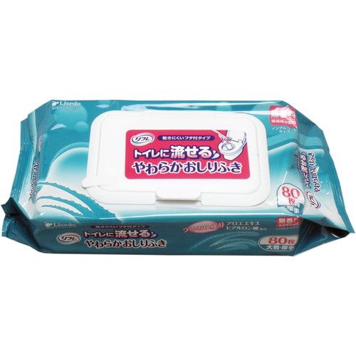 【発売元:リブドゥコーポレーション】乾きにくいフタ付きタイプ!うるおい成分配合!アロエエキスとヒアルロン酸配合でお肌にやさしい!●無香料・ノンアルコールタイプ。●トイレに流せます!個装サイズ:200X110X45mm個装重量:約425g内容量:80枚入製造国:日本【成分】水、PG、ヒアルロン酸Na、メチルパラベン、エチルパラベン、プロピルパラベン、セチルピリジニウムクロリド、キダチアロエ葉エキス、BG、PEG-60水添えヒマシ油、乳酸Na【使用方法】(1)フタを開け、袋についているラベルのつまみ部分を軽くひっぱり、開けてください。強く引っ張るとラベルまたは袋が破れる恐れがあります。(2)清潔な手で1枚ずつ取り出してください。取り出し口付近を押さえながらひっぱると、シートが破れる恐れがあります。(3)ご使用後は、乾燥防止の為フタを元のようにしっかりと閉めて保管してください。【注意】・お肌に異常が生じていないかよく注意し、お肌に合わない時はご使用をお止めください。目や粘膜および傷口には使用しないでください。・中身の乾燥を防ぐ為、ご使用後はフタをしっかりと閉め、なるべくお早めにご使用ください。・乳幼児の手の届かない所に保管してください。・直射日光の当たる場所や、高温になる場所には保管しないでください。・電子レンジを使用して、温めての使用はお止めください。※トイレのつまりを避けるために、必ず1〜2枚ずつ流してください。※メーカーの都合によりパッケージ、内容等が変更される場合がございます。当店はメーカーコード（JANコード）で管理をしている為それに伴う返品、返金等の対応は受け付けておりませんのでご了承の上お買い求めください。【送料について】北海道、沖縄、離島は送料を頂きます。【発売元:リブドゥコーポレーション】乾きにくいフタ付きタイプ!うるおい成分配合!アロエエキスとヒアルロン酸配合でお肌にやさしい!●無香料・ノンアルコールタイプ。●トイレに流せます!個装サイズ:200X110X45mm個装重量:約425g内容量:80枚入製造国:日本【成分】水、PG、ヒアルロン酸Na、メチルパラベン、エチルパラベン、プロピルパラベン、セチルピリジニウムクロリド、キダチアロエ葉エキス、BG、PEG-60水添えヒマシ油、乳酸Na【使用方法】(1)フタを開け、袋についているラベルのつまみ部分を軽くひっぱり、開けてください。強く引っ張るとラベルまたは袋が破れる恐れがあります。(2)清潔な手で1枚ずつ取り出してください。取り出し口付近を押さえながらひっぱると、シートが破れる恐れがあります。(3)ご使用後は、乾燥防止の為フタを元のようにしっかりと閉めて保管してください。【注意】・お肌に異常が生じていないかよく注意し、お肌に合わない時はご使用をお止めください。目や粘膜および傷口には使用しないでください。・中身の乾燥を防ぐ為、ご使用後はフタをしっかりと閉め、なるべくお早めにご使用ください。・乳幼児の手の届かない所に保管してください。・直射日光の当たる場所や、高温になる場所には保管しないでください。・電子レンジを使用して、温めての使用はお止めください。※トイレのつまりを避けるために、必ず1〜2枚ずつ流してください。