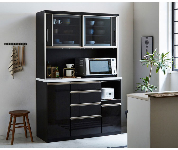 食器棚 キッチンボード 幅120 奥行48 高さ200 完成品 国産 モイス加工 レンジ台 レンジボード 大容量 キッチン 収納 木目 フルオープンレール ホワイト 白 ブラック キングウッド(代引不可)【送料無料】