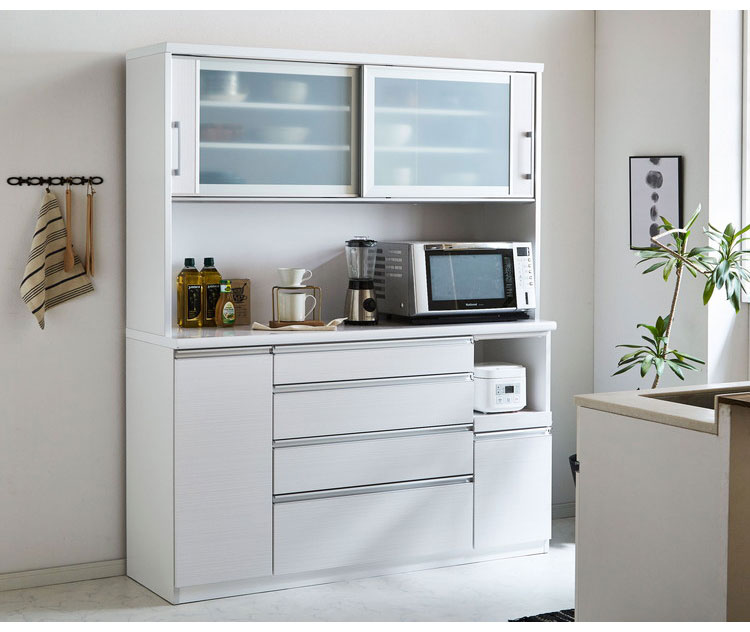 食器棚 キッチンボード 幅150 奥行48 高さ200 完成品 国産 モイス加工 レンジ台 レンジボード 大容量 キッチン 収納 木目 フルオープンレール ホワイト 白 ブラック キングウッド(代引不可)【送料無料】