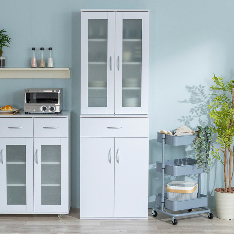 鏡面仕上げ 扉付き 食器棚 幅59cm ベル 高さ180cm キッチンボード 可動棚付き カップボード キッチンキャビネット キッチン収納 すき間収納(代引不可)【送料無料】