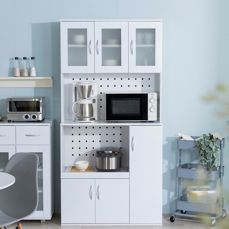 鏡面仕上げ 食器棚 幅89cm ベル 高さ180cm キッチンボード スライド棚付き レンジ台 カップボード キッチンキャビネット レンジ台 キッチン収納(代引不可)【送料無料】