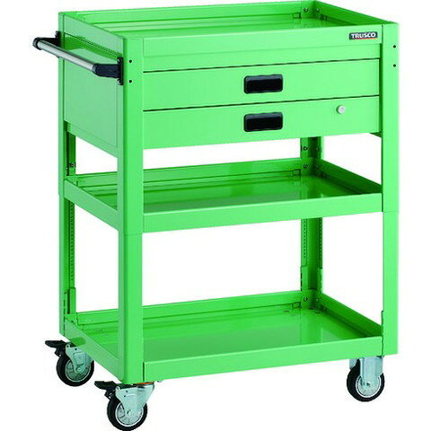 【商品詳細】●車軸と共に車輪もロックするダブルロック式のキャスターです。●使用用途に合わせて25mmピッチの高さの変更が行えます。●棚板は、皿型、フラット型の両面使用ができます。●最大積載量(kg/台)：200●均等積載量(kg/段)：120●色：ヤンググリーン●間口(mm)：750●奥行(mm)：500●高さ(mm)：740〜1000●段数(段)：3●引出し(段)：2●こぼれ止め高さ(mm)：50●引出し内寸(mm)間口×奥行×深さ：618×370×60●キャスター：固定式 100mm(2個)　自在式(Wストッパー付) 100mm(2個)●特許第4910097号登録商品材質／仕上●本体:スチール●キャスター金具:スチール●車輪:ウレタン【代引きについて】こちらの商品は、代引きでの出荷は受け付けておりません。【送料について】北海道、沖縄、離島は送料を頂きます。
