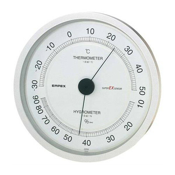 ●メーカー…エンペックス気象計（EMPEX）●型番…EX-2747●測定範囲…温度：−30〜50℃湿度計：10〜90%RH●サイズ…φ162×29mm●材質…枠：PS樹脂（塗装仕上）●重量…160g●精度…温度計：±1℃（−20〜40℃）湿度計：±2%RH（35〜75%RH常温）●分解能…温度計：1目盛1℃湿度計：1目盛1%RH●高精度、高品位なスーパーEXセンサを搭載をしたアナログ温度・湿度計です。●電池不要、操作不要で設置をするだけで計測をします。●読み取りやすいツートーンの文字盤●安心と信頼の日本製。●壁掛用●※精密機器につき強い衝撃を与えないでください。●スーパーEXシリーズは、長年培ってきた精密センサ技術と厳しい品質保証システムにより、高精度スペックを実現。更に、文字盤や外装枠に至るまで高品質仕上げを施し、確かな品質とインテリア性豊かな高品質温度・湿度計です。原産国：日本【代引きについて】こちらの商品は、代引きでの出荷は受け付けておりません。【送料について】北海道、沖縄、離島は別途送料を頂きます。