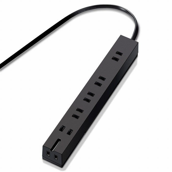 【商品詳細】■未使用時にほこりの侵入を防止する「ほこり防止シャッター」を装備した電源タップです。■また、差込口には耐熱性に優れたユリア樹脂を使用しており、万一の発熱の際にも融解しにくく、電気火災の防止に有効です。■トラッキング現象による火災の防止に役立つ絶縁キャップ付きのコンセントプラグを採用しています。■電源コードには一般社団法人日本配線システム工業会規格(JWDS0010)に適合した二重被ふくコードを採用しており、断線や被ふく破れによる感電・火災の防止に有効です。■狭い場所でも配線しやすい180°スイングプラグを採用しています。■プラグ仕様は2ピン式で、便利な6個口タイプです。■突然の落雷による雷サージから、パソコンやAV機器などの精密機器を守る雷ガードタップ。最大サージ電圧12,500Vの高性能雷サージ吸収素子(バリスタ)を内蔵し、わずかなサージで回復不能になる可能性がある機器を、落雷から守るのに非常に有効なアイテムです。(※最大サージ電圧12,500VはJEC210/212規格に基づく数値です。)■側面に3ピンプラグも挿すことができます。■ACアダプタを接続しても隣の差込口に干渉しにくいように、1個の差込口を離れて配置しています。■金網や壁などにフックを取り付けることによって、本体を吊ることができます。■回転パーツを出すと倒れにくくなり、ネジで壁や床にも固定することができます。■本体差込口形状：2ピン(側面に設置した1個口のみ3ピン対応※アース機能はありません) ■本体差込口個数：6個口 ■プラグ仕様：2ピン ■コード長：1.0m ■定格：125V・15A・1500W ■雷ガード：○ ■ほこりシャッター：○ ■絶縁キャップ付きプラグ：○ ■二重被ふく：○ ■スイングプラグ：○ ■壁掛け用フック：○ ■カラー：ブラック ■材質：本体:ABS樹脂/プラグ:PVC/差込口:ユリア樹脂 ■外形寸法：幅34mm×奥行252mm×高さ33mm ※コード部分及びプラグ部分を除く ■質量：約280g ■使用可能地域：本製品は日本国内の電源を想定して設計されていますので、日本国外ではご使用いただけません。 ■電気用品安全法：PSE適合【代引きについて】こちらの商品は、代引きでの出荷は受け付けておりません。【送料について】北海道、沖縄、離島は送料を頂きます。