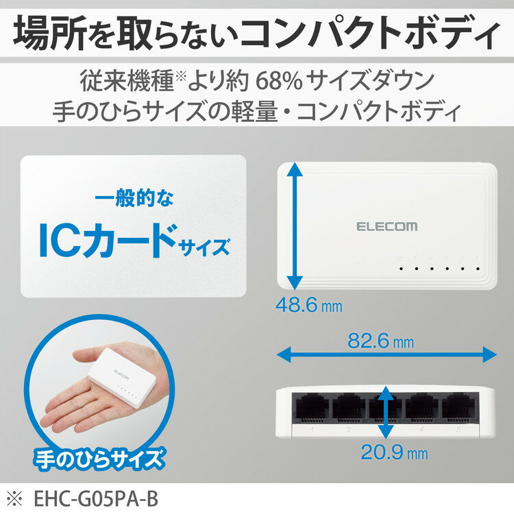 エレコム スイッチングハブ LAN ハブ 5ポート Giga対応 1000/100/10Mbps プラスチック筐体 AC電源 ファンレス 静音 省エネ機能 壁掛け設置対応 ホワイト EHC-G05PA2-W(代引不可)【送料無料】