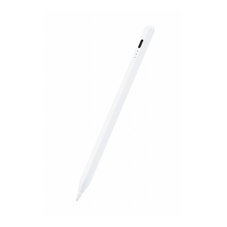 【商品名】タッチペン スタイラスペン 充電式 USB Type-C 充電 傾き感知 誤作動防止 磁気吸着 金属製ペン先 極細 D型 ペン先交換可 ホワイト【特長】金属製のペン先でシャープペンシルのような書き心地の、iPad専用充電式タッチペンです。約1mmのペン先で細部まで書き込めて細かい作業に最適なペン先です。ペン先は摩耗しにくい高感度の銅製素材を採用しています。ペンの傾きを検知する機能で、傾き具合によって線の太さを変えられます。ペン先の接地点と実際に描画される位置とのズレを軽減しているので、狙ったところに書き込みやすいです。※完全にズレを感じなくなるわけではありません。パームリジェクション対応なので、液晶画面に手が触れていても誤動作せずに使用できます。タッチペンの側面にはマグネット面があり、iPadに接着ができるので紛失を防ぎます。マグネット面はフラットになっていて、テーブルに置いても転がりにくく、iPadにぴったりと接着しやすい形状です。※iPadに装着するケースによっては、iPad本体のマグネット部分が隠れてしまい、本製品を付けられない場合があります。ペアリングが不要で、電源をオンにするだけですぐに使用できます。電源ボタンを2回タッチしてオン/オフをするので誤作動を防ぎます。操作しない状態が5分間続くとオートスリープ機能が働き、電源の消し忘れを防ぎます。3つのLEDランプでバッテリーの残量が分かります。約9時間の連続使用が可能です。※ご使用状態によっては、目安の時間よりも早く充電が必要になる場合があります。充電コネクターは、USB Type-C(TM)です。USB Type-C(TM)ケーブルが付属しています。※本製品にACアダプター(AC充電器等)は付属していないため、出力5V/500mA以上のUSB出力アダプターを別途ご用意ください。ペン先は、Apple Pencil純正ペン先(第1・第2世代)や当社製品のP-TIPAPシリーズと交換が可能で、お好みの書き味に合わせて替えることができます。※iPadの液晶画面を傷付ける恐れがあるため、必ず液晶保護フィルムを貼ってご使用ください。※液晶保護フィルムの種類によっては、操作時にこすれ音が生じたり、タッチペンの反応が悪くなったりすることがあります。※USB Type-C and USB-C are trademarks of USB Implementers Forum【仕様】対応機種：2018年以降のすべてのiPadに対応 ※2022年10月現在 ※iOS 12.2以降に更新する必要があります。外形寸法：全長:約165mm、直径:約9mm、ペン先:約1mm 材質：ペン先:POM・銅、本体:アルミニウム カラー：ホワイト 質量：約13g 電池：リチウムイオン電池 使用時間：約9時間 ※ご使用状態によっては、目安の時間よりも早く充電が必要になる場合があります。 充電時間：約1時間 ※使用状況や環境により変化します。 保証期間：1年間 付属品：USB Type-C(TM)ケーブル 備考：傾き検知有り 備考：※特定のアプリやソフトにおいて、専用タッチペンのみでの描写設定をしている場合は使用できないことがあります。【パッケージサイズ】15×70×200mm【パッケージ重量】0.048kg【配送について】こちらはメール便での発送となります。メール便でのお届はポストインです。下記の事項は対応できませんのでご確認ください。■時間指定・到着日指定はできません。■代金引き換えでのお支払いはできません。■お荷物の現在地追跡はできません。※他の商品との同梱不可タッチペン スタイラスペン樹脂ペン先金属製ペン先