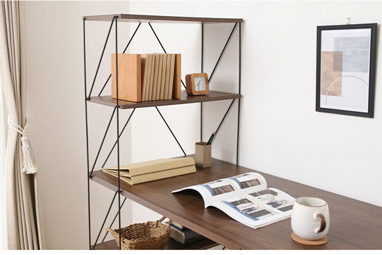 ワイヤーデスク ラック付き 幅122cm 勉強机 棚付き パソコンデスク オープンラック 作業机 本棚 ラック デスク 作業台 木目調 リビング ワンルーム オフィス リモートワーク(代引不可)【送料無料】 [2]