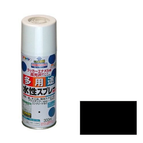 【用途】発泡スチロール、プラスチック、鉄、木、紙、ガラスの他、ホビー、クラフト等での塗装。【機能・特徴】油性塗料や、発泡スチロールに塗っても下地を侵さず、いろいろな素材に使用できます。乾燥前には水ぶきで落とせて、いったん乾くと日光や雨に強い塗膜が得られます。フロンを使用せず、消防法上の非危険物スプレーです。使用後、安心して捨てられるガス抜きキャップ付きです。鉛・クロム化合物を使用していない安全な塗料です。【仕様】●内容量：300mL。●色：黒。●標準塗り面積：0.6〜1.0m2(2回塗り)。●乾燥時間：夏期40〜50分・冬期1〜2時間。●一般名：水溶性アクリル樹脂塗料。●消防法：非該当(消防法上の非危険物(指定可燃物))。【商品サイズ】幅60×高さ188×奥行60mm　重量350g
