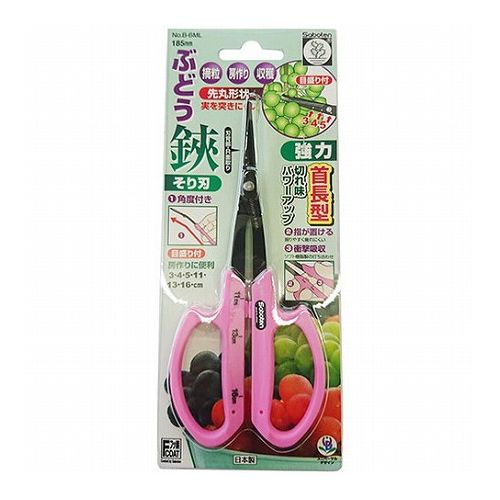 【商品説明】硬い枝梗が楽に切れるぶどう鋏です。【用途】ぶどうのお手入れ・適粒、房作り、収穫。【機能・特徴】首が長くなったことにより、てこの原理が働きやすくなり従来のものよりも切れ味がアップしています。ヤニ、シブが付きにくいフッ素樹脂加工です。先丸タイプで実を傷つけにくいです。【仕様】●全長：185mm。●刃先：そり刃・先丸。【材質】●刃部：ステンレス刃物鋼。●ハンドル部：PP+TPR樹脂。【商品詳細】■商品コード：4976365200972■JANコード：4976365200972■ブランド名：サボテン■商品名：ぶどう鋏首長先丸そり刃■規格：No．B−6ML【注意事項ほか】●刃は鋭利ですので、ケガのないように注意してご使用下さい。太い木・金属は刃物の損傷の原因となりますので切らないでください。お子様の手の届かない所に保管して下さい。【特長】サボテン、ぶどう鋏首長先丸そり刃、No.B-6ML、DIYツール、園芸道具、鋏、収穫鋏【送料について】北海道、沖縄、離島は送料を頂きます。