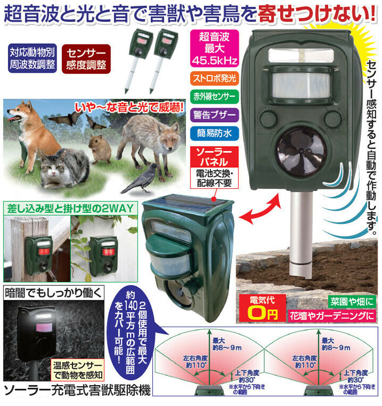 リコメン堂インテリア館のソーラー充電式害獣駆除機 1個 威嚇 動物 温感センサー 超音波 光 ソーラーパネル 菜園 畑 花壇 ガーデニング 駆除 追い払う 獣除け(代引不可)【送料無料】｜アングル2