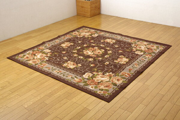 ナイロン 花柄 簡易カーペット 撥水キャンベル ブラウン 約200×250cm(代引不可)【送料無料
