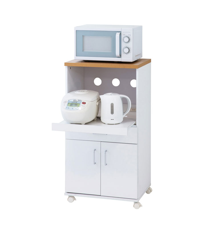 レンジボード キャスター付き 幅54cm フレンチカントリー調 コンセント 2口 コード穴 らくらくレンジワゴン レンジ台 ホワイト 天板ナチュラル かわいい おしゃれ キッチン収納 扉収納(代引不可)【送料無料】