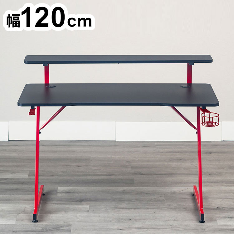 【サイズ】120×60×93cm【材質】天板：MDF（カーボン調PVCシート）/脚：スチール/ヘッドホンフック・ドリンクホルダー材質：スチール【生産国】中国【組立区分】お客様組立品【備考】モニターラック・ヘッドフォンフック・ドリンクホルダー付き/天板に配線穴あり/脚部アジャスター付き【梱包サイズ】132x67x12cm【代引きについて】こちらの商品は、代引きでの出荷は受け付けておりません。【送料について】北海道、沖縄、離島は送料を頂きます。LINKRE/BKBK/BK