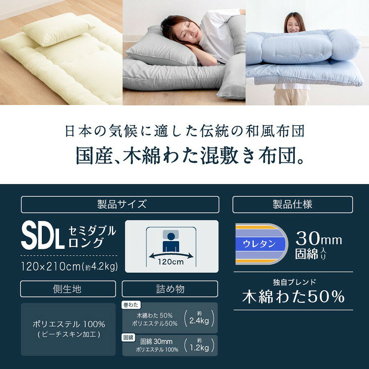 木綿わた 和風 敷布団 セミダブルロング 日本製 綿混 敷き布団(固綿入り) セミダブル ロング 国産 綿布団 敷き布団 綿わた布団 綿混ふとん 敷き(代引不可)【送料無料】