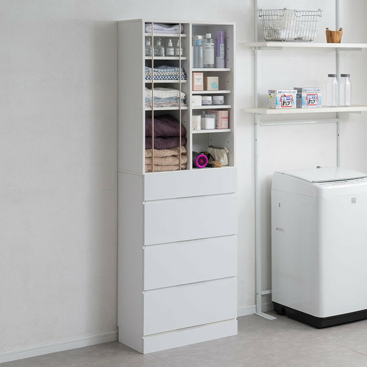 KING ランドリーチェスト 幅60.5 省スペース 洗面所 シンプル おしゃれ オープン棚 台 引出し 引き出し チェスト 衣類収納 タオル収納 脱衣所 ランドリーラック オープンラック 木製 白(代引不可)【送料無料】