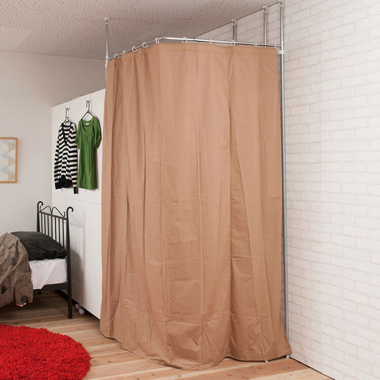 つっぱりカーテンポール ライトブラウン コーナーL字型 オフィス 目隠しカーテン つっぱりパーテーション L字 コーナー 間仕切りカーテン パーテーション 突っ張り 間仕切り カーテンポール ホワイト(代引不可)【送料無料】