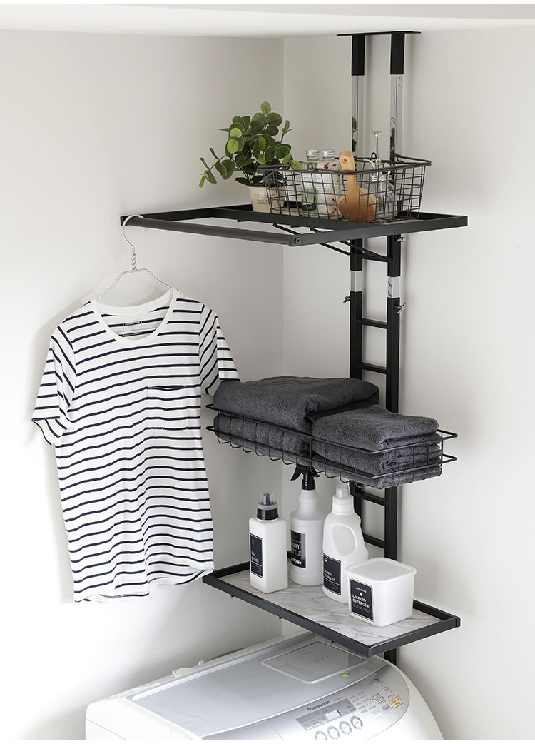 突っ張り ランドリーラック 幅58cm ハイタイプ 高さ210~263cm ハンガーバー付き 防水パン対応 棚板リバーシブル 突っ張り つっぱり ランドリー 洗濯機ラック 棚 ラック ランドリー収納(代引不可)【送料無料】