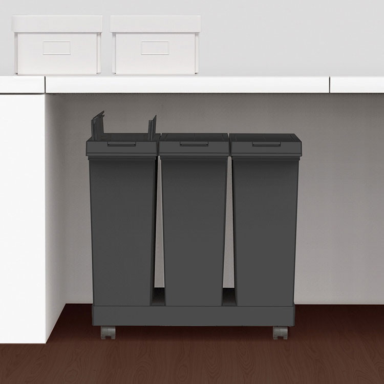 アスベル 棚下で使える プッシュダストボックス 3分別ワゴン 20L×3 ブラック 棚下でも使える!両開き・ワンタッチ開閉【送料無料】 [2]
