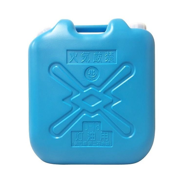灯油の保管用ポリ缶。18L分の灯油を保管できる。ベーシックなサイズ。JISマーク付きJIS（日本工業規格）適合商品。サイズ（約）:幅34.5×奥行19×高さ38.5cm材質:ポリエチレン重量（約）:1.1kg容量（約）:19.5Lキャップ口...