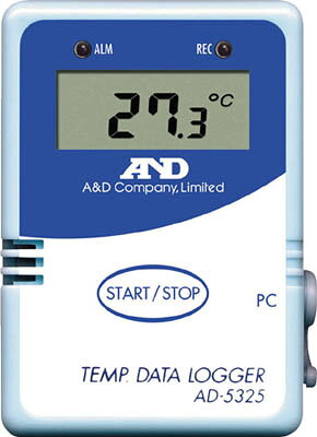【メーカー型番】AD5325【JANコード】4981046451024【ブランド】A＆D【特徴】●簡単に温度データの収録、解析ができます。●データをパソコンに転送するのに、プラットホームを使わないので、手軽に扱えます。●測定温度間隔は1秒ごとに12時間まで任意間隔で設定可能です。●添付の専用ソフトで、データをテキスト形式のファイルに保存できます。【用途】●温度履歴管理。【仕様】●測定温度範囲(℃):-40?70●温度最小表示(℃):0.1●測定湿度範囲(%RH):-●湿度最小表示(%RH):-●データメモリー数:8000●測定精度:±0.6℃(-20?50℃)、±1.2℃(それ以外)●質量(g):70●測定項目：温度●容器保護等級:IP54相当●電源:リチウム電池（CR2）×1個（付属）●幅×奥行×高さ:53×23×75mm●データ保持期間:約1年（電池が無い状態で）【材質／仕上】【セット内容／付属品】【注意】【原産国】中国【送料について】北海道、沖縄、離島は送料を頂きます。