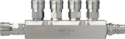 【メーカー型番】CAL5L【JANコード】4560291325085【ブランド】ナック【特徴】●普及型の分岐集合配管用（一本の配管から複数の分岐エアーを取り出せる)カップリングです。【用途】●分岐集合配管のエアー配管や空気工具用。【仕様】●最高使用圧力(MPa):2.0●取出口:CAL20型ソケット×4・CAT24SMソケット×1●取入口:CAL44PM●質量(g):950●使用流体：空気●使用温度範囲：-20〜80℃●最高使用圧力：1.5MPa●使用温度範囲:-20〜+80℃●バルブ内蔵【材質／仕上】●本体:アルミニウム合金●カップリング:鋼鉄（クロムメッキ）●シールゴム:ニトリルゴム（NBR）【セット内容／付属品】●CAL22PH 2個【注意】●流体によってシール材質が異なりますので御明示下さい。【原産国】日本【送料について】北海道、沖縄、離島は送料を頂きます。