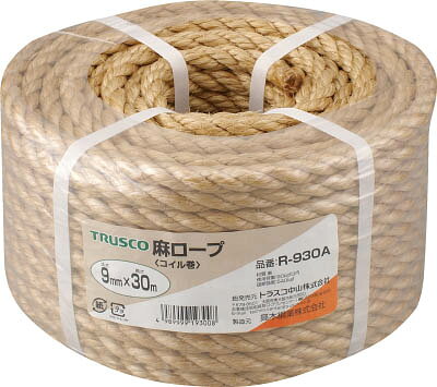 【メーカー型番】R-930A【JANコード】4989999193008【ブランド】TRUSCO 　【特徴】●天然素材なので腐食し、土に還元されます。●強度があり、摩擦に強いです。【用途】●街路樹の結束。●造園樹木の根巻き。【仕様】●色:茶●線径(mm):9●長さ(m):30●包装形態:バンド掛巻●質量(kg):1.67●3つ打【材質／仕上】●麻(サイザル)【セット内容／付属品】【注意】●切断後の端面はセロテープ・ビニールテープ等でほつれを保護してください。【原産国】日本【送料について】北海道、沖縄、離島は送料を頂きます。