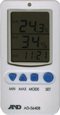 【メーカー型番】AD-5640B【JANコード】4981046443012【ブランド】A＆D【特徴】●温度、湿度の上限と下限アラーム機能付です。●温度、湿度、時刻の一覧表示です。●ブザー音のON/OFF可能です。●LEDとブザーでアラームをお知らせします。【用途】【仕様】●測定温度範囲(℃):0〜50●測定湿度範囲(%RH):20〜90●質量(g):90●測定項目:温度、湿度●電源:単4乾電池×2本（付属）●幅×奥行×高さ:58×17×110mm●温度最小表示:0.1℃●湿度最小表示:1％RH【材質／仕上】【セット内容／付属品】【注意】【原産国】中国【送料について】北海道、沖縄、離島は送料を頂きます。