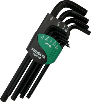 【メーカー型番】TRRI-9S【JANコード】4989999268935【ブランド】TRUSCO 　【特徴】●ホルダが回転でき、各サイズのレンチの出し入れがしやすいです。【用途】【仕様】●セット内容(インチ):5/64、3/32、1/8、5/32、3/16、7/32、1/4、5/16、3/8●セット内容(本):9●表面処理:黒染め加工●硬度はHRC50?58です。【材質／仕上】●クロムバナジウム鋼（Cr-V）【セット内容／付属品】●ホルダ【注意】【原産国】台湾【送料について】北海道、沖縄、離島は送料を頂きます。