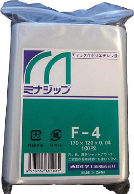 【メーカー型番】MZF-4【JANコード】4523767601069【ブランド】ミナ　【特徴】●各種包装・保管に適しています。●チャック付で汚れ、臭い、もれをシャットアウトします。●中身が見えて小物の分類に便利です。●使用目的に合わせて12種類のサイズが選べます。【用途】●各種小物製品の包装、衣料、食品、薬品、衛生用品などの包装。【仕様】●色:透明●縦(mm):170●横(mm):120●質量(g):266●厚み:0.04mm【材質／仕上】●ポリエチレン（PE）【セット内容／付属品】【注意】【原産国】中国【送料について】北海道、沖縄、離島は送料を頂きます。