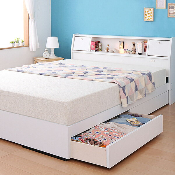 国産 日本製 収納ベッド シングル ライト モダンライト 棚 コンセント ミニテーブル 収納 ホワイト コンセント 照明 宮棚付き 引き出し 引出し 収納ベッド【Carolina】キャロライナ シングル 2つ折りボンネルコイル マットレス付 (代引き不可)【送料無料】