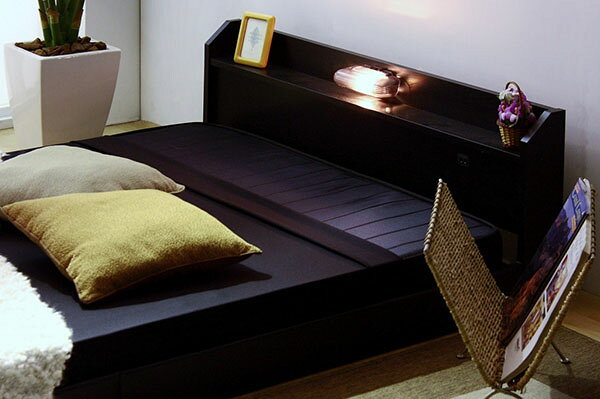 【日本製 棚付き 照明付き フロアベッド+日本製 SGマーク付き ラテックス入り ポケットコイル マットレス ワイド 幅230】 連結(代引不可)【送料無料】