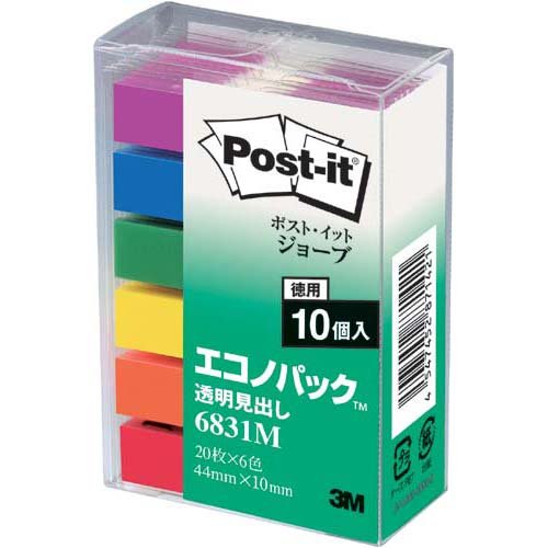 【商品型番】　6831M　【商品説明】　●寸法／タテ43．6×ヨコ10mm●1色／20枚●カラー／レッド・イエロー・オレンジ・グリーン・ブルー・パープルの6色●単位（入数）／1パック（10個入）●メーカー品番／6831M