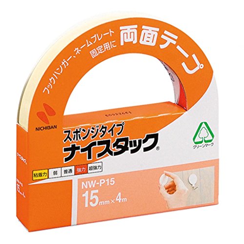 【商品型番】　NW-P15　【商品説明】　フック・ハンガー・ネームプレートなど、固いものへの固定にお使いいただける、スポンジタイプの両面テープです。【特長】・基材が厚く、凹凸面に接着が可能なスポンジタイプの両面テープです。【使用方法】（1）家庭用フック/ハンガー類の取付に。（2）アクセサリーやネームプレートの固定に。（3）花器/置物などのすべり止めに。
