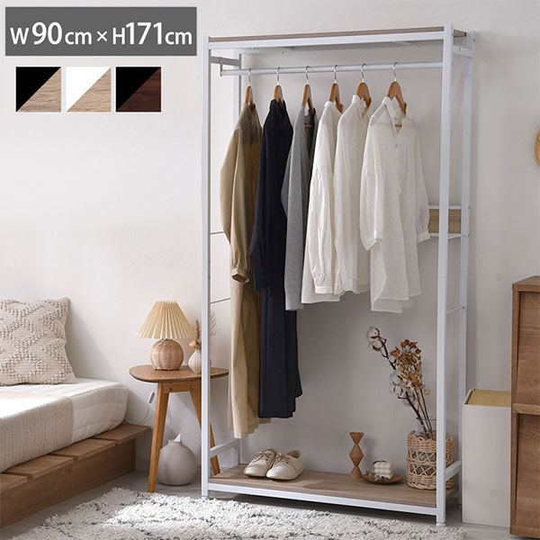 ■商品についてコンパクトな幅と奥行きでお部屋に置きやすいスリムハンガーです。 幅90、奥行33cmとスリムサイズなのでワンルームなどの限られた空間でも 気軽に設置できます。また、家具などのすき間にも使いやすいサイズ。 ハンガーの高さも女性も気軽に使いやすいサイズです。 ほどよい高さで、ロングコートなど丈の長い服も底付きなくかけられます。 シンプルなデザインとカラーでどんなお部屋にも合わせやすくなっています。 おしゃれなツヤなしのスチールと、本物の木目のような木目調のデザインもポイントです。商品名：木目調がおしゃれな幅90cmスリムハンガーラック　アカシア取扱タイプ：ブラウン、オーク、ホワイト（白）商品仕様：構造部材：スチール（粉体塗装） 棚板：塩ビ化粧板耐荷重ハンガーパイプ：（約）20kg 棚板1枚当たり：（約）10kg商品サイズ（約）：幅90cm×奥行き33cm×高さ171cm商品重量（約）：16.77kg梱包サイズ（約）：幅90cm×奥行き35.8cm×高さ22.6cm梱包重量（約）：18.55kg梱包数：1個口生産国：中国組み立て：お客様組み立て品工具六角レンチ（付属） 軍手・あて布組立時間(約) 50分（2人/目安）注意事項ご利用シーン：カフェ用 法人 店舗用 ラウンジ用 ロビー用 【代引きについて】こちらの商品は、代引きでの出荷は受け付けておりません。【送料について】北海道、沖縄、離島は送料を頂きます。スリムハンガーラック幅60cm幅90cm幅110cm