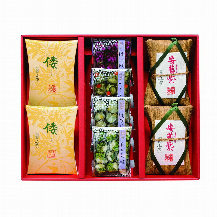 熟成させた広島菜と赤しそが上品な味を醸しだす｢安藝紫（あきむらさき）」、胡瓜との取り合わせの歯ごたえが食欲をそそる｢倭（やまと）｣、そして多彩な具材を広島菜で巻き、一口大にカットした｢粽菜（ちまきな）」。人気の3品を詰め合わせにしました。 贈り物にオススメな山豊自信作です。なお、「山豊三絶 月」は、粽菜4種（つきのえん、わかみず、はつはな、はつね）を1袋づつお入れしています。【商品区分】食品【保存方法】常温【原材料(アレルギー表記含む)】【安藝紫】広島菜、しそ、ごま、漬け原材料【しょうゆ（小麦を含む）、アミノ酸液、たん白加水分解物、こんぶエキス】／調味料（アミノ酸等）、酸味料、香料、着色料（赤106） 【倭】広島菜、きゅうり、しそ、ごま、漬け原材料【しょうゆ（小麦を含む）、糖類（果糖ぶどう糖液糖、砂糖）、発酵調味料、食塩】／調味料（アミノ酸等）、酸味料、香料 【はつはな】べったら漬（だいこん、糖類（砂糖、果糖ぶどう糖液糖）、食塩、米、米麹）、広島菜、柚子、しょうゆ（小麦含む）、発酵調味料、こんぶエキス、たん白加水分解物、香辛料／酸味料（アミノ酸等）、酒精、酸味料、増粘多糖類、参加防止剤（V.C）、保存料（ソルビン酸K）、pH調整剤、環状オリゴ糖、香料、甘味料（スクラロース） 【つきのえん】きゅうり、広島菜、にんじん、漬け原材料【しょうゆ（小麦を含む）、発酵調味料、たん白加水分解物、こんぶエキス、香辛料】／調味料（アミノ酸等）、酸味料、香料 【はつね】べったら漬（だいこん、砂糖、食塩、還元水あめ、米、米麹）、広島菜、柚子、漬け原材料【しょうゆ（小麦を含む）、発酵調味料、こんぶエキス、たん白加水分解物、香辛料】／調味料（アミノ酸等）、酸味料、酒精、増粘多糖類、甘味料（ステビア）、保存料（ソルビン酸K）、酸化防止剤（V.C）、香料、メタリン酸Na、ミョウバン 【わかみず】わらび、広島菜、かんぴょう、漬け原材料【しょうゆ（小麦を含む）、アミノ酸液、砂糖、発酵調味料、こんぶエキス、たん白加水分解物、香辛料】／ソルビトール、調味料（アミノ酸等）、酸味料、香料【メーカー名】株式会社山豊【生産国・加工国】日本【賞味期限】出荷日より90日【内容量】安藝紫110g×2、倭110g×2、つきのえん12入×1、わかみず12入×1、はつはな12入×1、はつね12入×1【注意事項】※メーカーの都合によりパッケージ、内容等が変更される場合がございます。当店はメーカーコード（JANコード）で管理をしている為それに伴う返品、返金等の対応は受け付けておりませんのでご了承の上お買い求めください。【代引きについて】こちらの商品は、代引きでの出荷は受け付けておりません。【送料について】北海道、沖縄、離島は送料を頂きます。