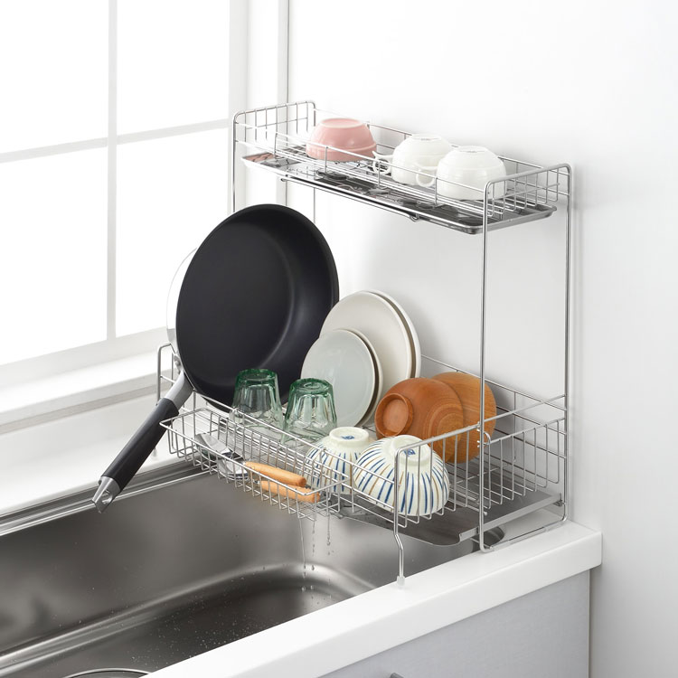 ヨシカワ 日本製 幅の広がる2段水切り 伸縮 水切りラック 2段 1306080 水切りかご 幅15~27.5 奥行47 ステンレス 燕三条【送料無料】のサムネイル