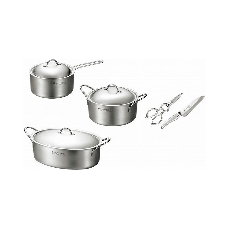 日本製 燕三条 片手鍋18cm・両手鍋20cm・オーバルパン28cm・ペティ・ハサミ(代引不可)【送料無料】