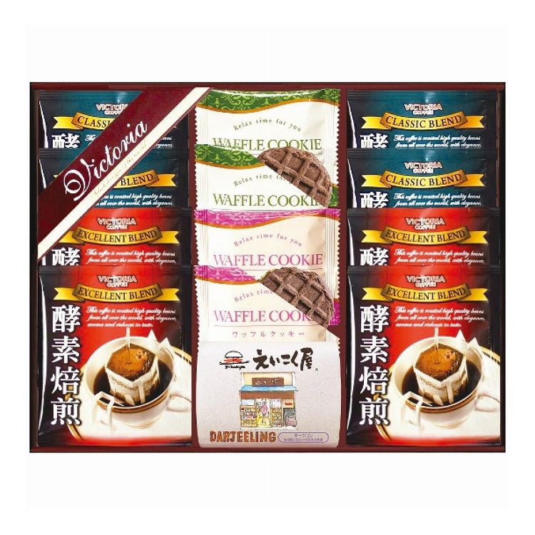 【商品説明】喫茶文化の根強い愛知県から、コーヒーと紅茶をそれぞれ使いやすいドリップバッグ、ティーバッグにしてギフトセットにしました。紅茶専門店【えいこく屋紅茶店】とのコラボ商品。2種類のワッフルクッキーと詰め合わせました。原材料表記【クラシックブレンド】コーヒー豆(生豆生産国名：ブラジル、コロンビア、他)、【エクセレントブレンド】コーヒー豆(生豆生産国名：ブラジル、コロンビア、他)、【ダージリン】紅茶、【ワッフルクッキー抹茶】小麦粉(国内製造）、チョコクリーム（乳糖、植物油脂、全粉乳、砂糖、ココアバター、抹茶）、砂糖、全卵、マーガリン、ココアパウダー、水飴、食用乳化油脂（還元水飴、食用油脂、乾燥卵白）、乳等を主要原料とする食品、カカオ加工品、食塩、食用植物油脂、乳脂肪、全粉乳、米粉/膨脹剤、加工デンプン、香料、糊料（加工デンプン、カラギーナン）、乳化剤、着色料（クチナシ、カロチン）、甘味料（アスパルテーム・L-フェニルアラニン化合物）、酸化防止剤（ビタミンE）、（一部に小麦・乳成分・卵・大豆を含む）、【ワッフルクッキースイートポテト】小麦粉(国内製造）、チョコクリーム（乳糖、植物油脂、全粉乳、砂糖、ココアバター、さつまいもパウダー）、砂糖、全卵、マーガリン、ココアパウダー、水飴、食用乳化油脂（還元水飴、食用油脂、乾燥卵白）、乳等を主要原料とする食品、カカオ加工品、さつまいもペースト、食塩、食用植物油脂、乳脂肪、全粉乳、米粉/膨脹剤、加工デンプン、香料、糊料（加工デンプン、カラギーナン）、乳化剤、着色料（クチナシ、カロチン）、甘味料（アスパルテーム・L-フェニルアラニン化合物）、酸化防止剤（ビタミンE）、（一部に小麦・乳成分・卵・大豆を含む）アレルギー卵・乳成分・小麦・大豆賞味期限製造日より常温約360日※別途パッケージに記載内容量ドリップコーヒー(エクセレントブレンド・クラシックブレンド各7g×4袋)・ティーバッグ紅茶ダージリン2g×4袋・ワッフルクッキー(抹茶・スイートポテト各2個)メーカー名ビクトリア珈琲【送料について】北海道、沖縄、離島は送料を頂きます。