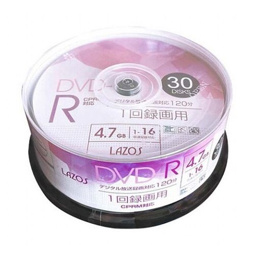 【商品特長】LazosCPRM対応DVD-R1-16倍速30枚入DVD-RforGeneralVer.2.1/16x-SPEEDDVD-RRevision6.0規格準拠【仕様】数量30枚入スピンドルケースタイプ1回録画用(4.7GB/120min)CPRM対応タイプ1-16倍速レーベルホワイトプリンタブル(ワイドプリント対応)【ご使用になる前に】このディスクは、DVD-RforGeneral規格Version2.1/16X-SPEEDDVD-RRevision6.0規格に準拠のCPRM対応のDVD-Rメディアです。機器の対応状況によっては、機器の不備により、故障、破損の恐れがあります。必ずお手持ちの機器の対応状況を確認してからご使用ください。場合によっては、機器のフォームウェア更新が必要な場合があります。対応状況および対応方法に関しましては、お使いの各機器メーカーにお問い合わせいただくか、ホームページ等をご確認ください。【代引きについて】こちらの商品は、代引きでの出荷は受け付けておりません。【送料について】北海道、沖縄、離島は送料を頂きます。