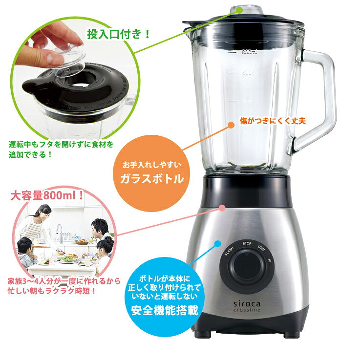 siroca シロカ ミキサー ミル付き 800ml ジューサー スムージー スープ ポタージュ コーヒー 離乳食 ミルミキサー ガラス製 チタン刃 投入口 crossline SJM-180G rcmdki-10416126 リコメン堂キッチン館 サンプル画像3