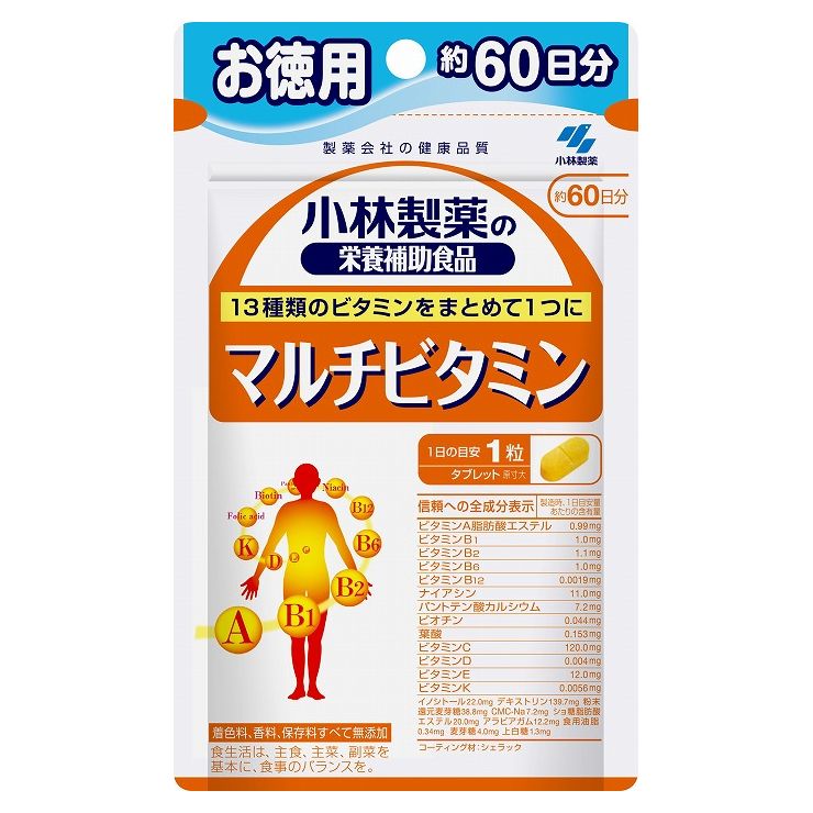 【商品詳細】保健機能食品保健機能食品（ビタミンB1・ビタミンB2・ビタミンB6・ビタミンB12・パントテン酸・ビオチン・葉酸・ビタミンC・ビタミンE）着色料、香料、保存料すべて無添加保健機能食品≪栄養機能食品≫ビタミンB1（83％） ビタミンB1は、炭水化物からのエネルギー産生と皮膚や粘膜の健康維持を助ける栄養素です。ビタミンB2（78％） ビタミンB2は、皮膚や粘膜の健康維持を助ける栄養素です。ビタミンB6（76％） ビタミンB6は、たんぱく質からのエネルギーの産生と皮膚や粘膜の健康維持を助ける栄養素です。ビタミンB12（79％） ビタミンB12は、赤血球の形成を助ける栄養素です。パントテン酸（116％） パントテン酸は、皮膚や粘膜の健康維持を助ける栄養素です。ビオチン（88％） ビオチンは、皮膚や粘膜の健康維持を助ける栄養素です。葉酸（63％） 葉酸は、赤血球の形成を助ける栄養素です。葉酸は、胎児の正常な発育に寄与する栄養素です。ビタミンC（120％） ビタミンCは、皮膚や粘膜の健康維持を助けるとともに、抗酸化作用を持つ栄養素です。ビタミンE（190％） ビタミンEは、抗酸化作用により、体内の脂質を酸化から守り、細胞の健康維持を助ける栄養素です。（％）は栄養素等表示基準値（18歳以上、基準熱量2,200kcal）に対する割合全成分表示（製造時、1日目安量あたりの含有量）ビタミンA脂肪酸エステル 0.99mgビタミンB1 1.0mgビタミンB2 1.1mgビタミンB6 1.0mgビタミンB12 0.0019mgナイアシン 11.0mgパントテン酸カルシウム 7.2mgビオチン 0.044mg葉酸 0.153mgビタミンC 120.0mgビタミンD 0.004mgビタミンE 12.0mgビタミンK 0.0056mgイノシトール 22.0mgデキストリン 139.7mg粉末還元麦芽糖 38.8mgCMC-Na 7.2mgショ糖脂肪酸エステル 20.0mgアラビアガム 12.2mg食用油脂 0.34mg麦芽糖 4.0mg上白糖 1.3mgコーティング材：シェラック栄養成分表示エネルギー 1.7kcalたんぱく質 0.0093g脂質 0.039g炭水化物 0.34g食塩相当量 0.00016〜0.0064gVA 92〜921μgVB1 1.0mgVB2 1.1mgVB6 1.0mgVB12 1.9μgナイアシン 11mgパントテン酸 5.6mgビオチン 44μg葉酸 153μgVC 120mgVD 4.0μgVE 12.0mgVK 5.6μgCa 0.14〜1.4mgイノシトール 22mg原材料名デキストリン、粉末還元麦芽糖、麦芽糖、上白糖、食用油脂/V.C、イノシトール、ショ糖脂肪酸エステル、V.E、ナイアシン、アラビアガム、糊料(CMC-Na)、パントテン酸Ca、シェラック、V.B1、V.B6、V.B2、V.A、葉酸、ビオチン、V.K、V.D、V.B12内容量60粒：24g（400mg×60粒）召し上がり方1日の摂取目安量：1粒栄養機能食品として1日1粒を目安に、かまずに水またはお湯とともにお召し上がりください。食生活は、主食、主菜、副菜を基本に、食事のバランスを。使用上の注意本品は、多量摂取により疾病が治癒したり、より健康が増進するものではありません。1日の摂取目安量を守ってください。葉酸は、胎児の正常な発育に寄与する栄養素ですが、多量摂取により胎児の発育がよくなるものではありません。ビタミンAを含むので、妊娠3ヶ月以内又は妊娠を希望する女性は過剰摂取にならないように注意してください。乳幼児・小児の手の届かない所に置いてください。薬を服用中、通院中又は妊娠・授乳中の方は医師にご相談ください。食物アレルギーの方は原材料名をご確認の上、お召し上がりください。体質体調により、まれに体に合わない場合（発疹、胃部不快感など）があります。その際はご使用を中止ください。ビタミンB2の影響で尿が黄色くなることがあります。天然由来の原料を使用のため色等が変化することがありますが、品質に問題はありません。本品は、特定保健用食品と異なり、消費者庁長官による個別審査を受けたものではありません。保管および取扱い上の注意直射日光を避け、湿気の少ない涼しい所に保存してください。賞味期限　パッケージに記載栄養機能食品(栄養成分：ビタミンB1、ビタミンB2、ビタミンB6、ビタミンB12、パントテン酸、ビオチン、葉酸、ビタミンC、ビタミンE)日本製発売元、製造元、輸入元又は販売元小林製薬※予告なくパッケージリニューアルをされる場合がございますがご了承ください。※パッケージ変更に伴うご返品はお受け致しかねます。※メーカーの都合により予告なくパッケージ、仕様等が変更となる場合がございます。※当店はJANコードにて管理を行っている為、それに伴う返品、交換等はお受けしておりませんので事前にご了承の上お買い求めください。【送料について】北海道、沖縄、離島は送料を頂きます。【商品詳細】保健機能食品保健機能食品（ビタミンB1・ビタミンB2・ビタミンB6・ビタミンB12・パントテン酸・ビオチン・葉酸・ビタミンC・ビタミンE）着色料、香料、保存料すべて無添加保健機能食品≪栄養機能食品≫ビタミンB1（83％） ビタミンB1は、炭水化物からのエネルギー産生と皮膚や粘膜の健康維持を助ける栄養素です。ビタミンB2（78％） ビタミンB2は、皮膚や粘膜の健康維持を助ける栄養素です。ビタミンB6（76％） ビタミンB6は、たんぱく質からのエネルギーの産生と皮膚や粘膜の健康維持を助ける栄養素です。ビタミンB12（79％） ビタミンB12は、赤血球の形成を助ける栄養素です。パントテン酸（116％） パントテン酸は、皮膚や粘膜の健康維持を助ける栄養素です。ビオチン（88％） ビオチンは、皮膚や粘膜の健康維持を助ける栄養素です。葉酸（63％） 葉酸は、赤血球の形成を助ける栄養素です。葉酸は、胎児の正常な発育に寄与する栄養素です。ビタミンC（120％） ビタミンCは、皮膚や粘膜の健康維持を助けるとともに、抗酸化作用を持つ栄養素です。ビタミンE（190％） ビタミンEは、抗酸化作用により、体内の脂質を酸化から守り、細胞の健康維持を助ける栄養素です。（％）は栄養素等表示基準値（18歳以上、基準熱量2,200kcal）に対する割合全成分表示（製造時、1日目安量あたりの含有量）ビタミンA脂肪酸エステル 0.99mgビタミンB1 1.0mgビタミンB2 1.1mgビタミンB6 1.0mgビタミンB12 0.0019mgナイアシン 11.0mgパントテン酸カルシウム 7.2mgビオチン 0.044mg葉酸 0.153mgビタミンC 120.0mgビタミンD 0.004mgビタミンE 12.0mgビタミンK 0.0056mgイノシトール 22.0mgデキストリン 139.7mg粉末還元麦芽糖 38.8mgCMC-Na 7.2mgショ糖脂肪酸エステル 20.0mgアラビアガム 12.2mg食用油脂 0.34mg麦芽糖 4.0mg上白糖 1.3mgコーティング材：シェラック栄養成分表示エネルギー 1.7kcalたんぱく質 0.0093g脂質 0.039g炭水化物 0.34g食塩相当量 0.00016〜0.0064gVA 92〜921μgVB1 1.0mgVB2 1.1mgVB6 1.0mgVB12 1.9μgナイアシン 11mgパントテン酸 5.6mgビオチン 44μg葉酸 153μgVC 120mgVD 4.0μgVE 12.0mgVK 5.6μgCa 0.14〜1.4mgイノシトール 22mg原材料名デキストリン、粉末還元麦芽糖、麦芽糖、上白糖、食用油脂/V.C、イノシトール、ショ糖脂肪酸エステル、V.E、ナイアシン、アラビアガム、糊料(CMC-Na)、パントテン酸Ca、シェラック、V.B1、V.B6、V.B2、V.A、葉酸、ビオチン、V.K、V.D、V.B12内容量60粒：24g（400mg×60粒）召し上がり方1日の摂取目安量：1粒栄養機能食品として1日1粒を目安に、かまずに水またはお湯とともにお召し上がりください。食生活は、主食、主菜、副菜を基本に、食事のバランスを。使用上の注意本品は、多量摂取により疾病が治癒したり、より健康が増進するものではありません。1日の摂取目安量を守ってください。葉酸は、胎児の正常な発育に寄与する栄養素ですが、多量摂取により胎児の発育がよくなるものではありません。ビタミンAを含むので、妊娠3ヶ月以内又は妊娠を希望する女性は過剰摂取にならないように注意してください。乳幼児・小児の手の届かない所に置いてください。薬を服用中、通院中又は妊娠・授乳中の方は医師にご相談ください。食物アレルギーの方は原材料名をご確認の上、お召し上がりください。体質体調により、まれに体に合わない場合（発疹、胃部不快感など）があります。その際はご使用を中止ください。ビタミンB2の影響で尿が黄色くなることがあります。天然由来の原料を使用のため色等が変化することがありますが、品質に問題はありません。本品は、特定保健用食品と異なり、消費者庁長官による個別審査を受けたものではありません。保管および取扱い上の注意直射日光を避け、湿気の少ない涼しい所に保存してください。賞味期限　パッケージに記載栄養機能食品(栄養成分：ビタミンB1、ビタミンB2、ビタミンB6、ビタミンB12、パントテン酸、ビオチン、葉酸、ビタミンC、ビタミンE)日本製発売元、製造元、輸入元又は販売元小林製薬